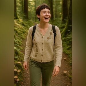 Vintage Goblincore Embroidered Floral Buttoned Front Ribbed Sweater  NO Size tag